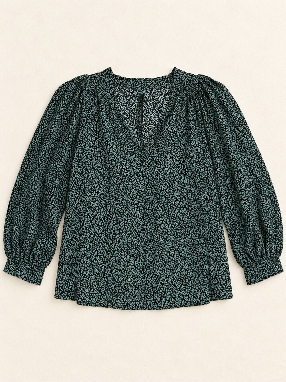 A New Day Women’s XL Black Green Floral Blouse Puff Sleeve Split Neck Top